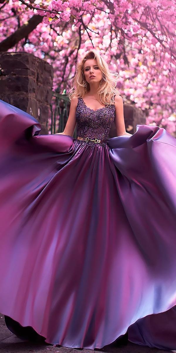 A-line dark scoop neckline sleeveless purple wedding dresses