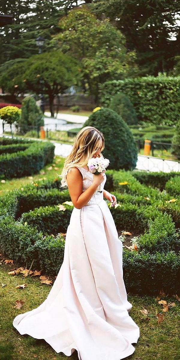 blush colored a line v neck pink wedding dresses lika avaliani