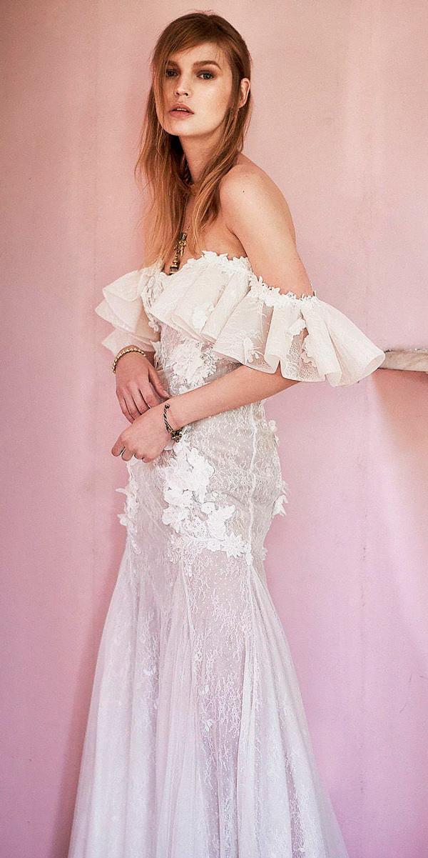 blush sheath off the shoulder pink wedding dresses christos costarellos