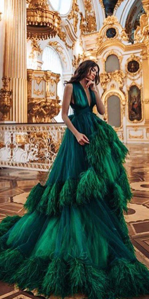 green wedding dresses ball gown v neckline with feater accents malyarova olga