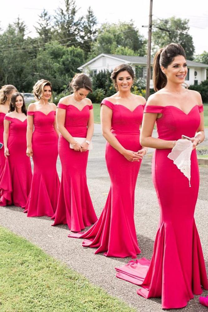 red bridesmaid dresses long memaid off the shoulder white runway