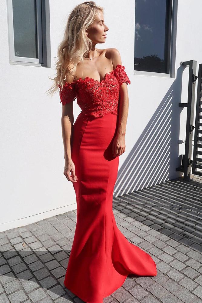 red bridesmaid dresses long off the shoulder lace white runway