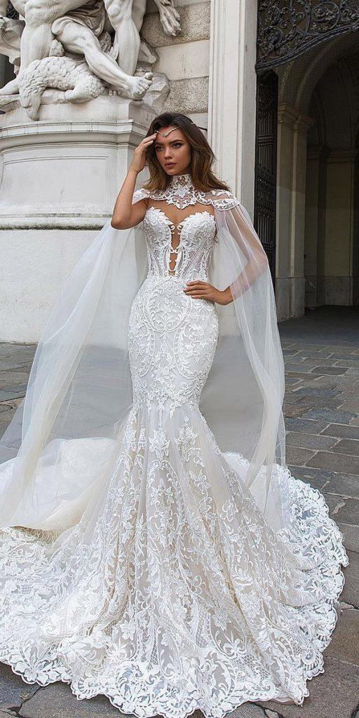 mermaid wedding dresses sweetheart deep v necklne with cape lace crystal design