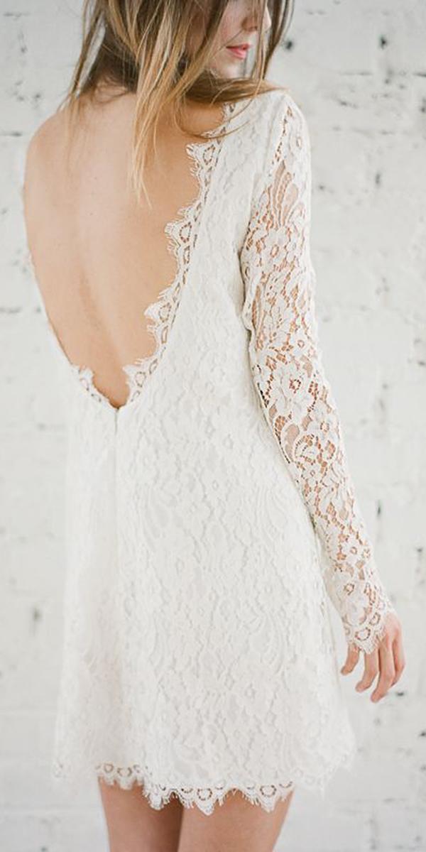 short wedding dresses v back with long sleeves lace beach rime arodaky