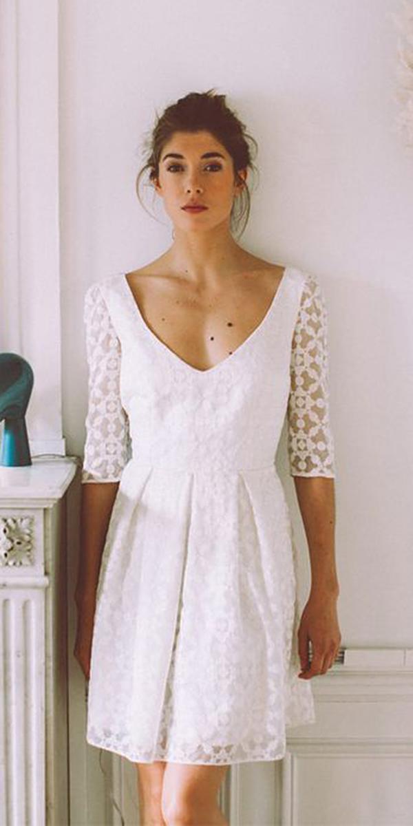 short wedding dresses v neckline with three quote sleeves beach anne morin