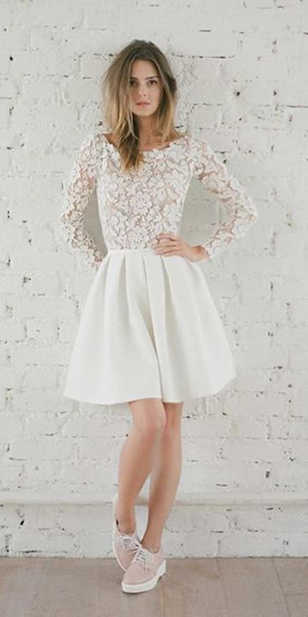 short wedding dresses with long sleeves lace top rime arodaky