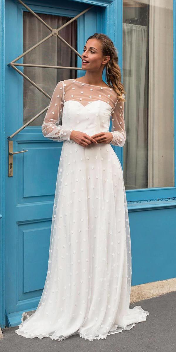 strapless wedding dresses a line with illusion long sleeves nude simple marie laporte