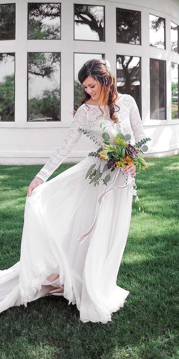 Western wedding dresses straight flowy lace high neckline rustic long sleeves jessica frey