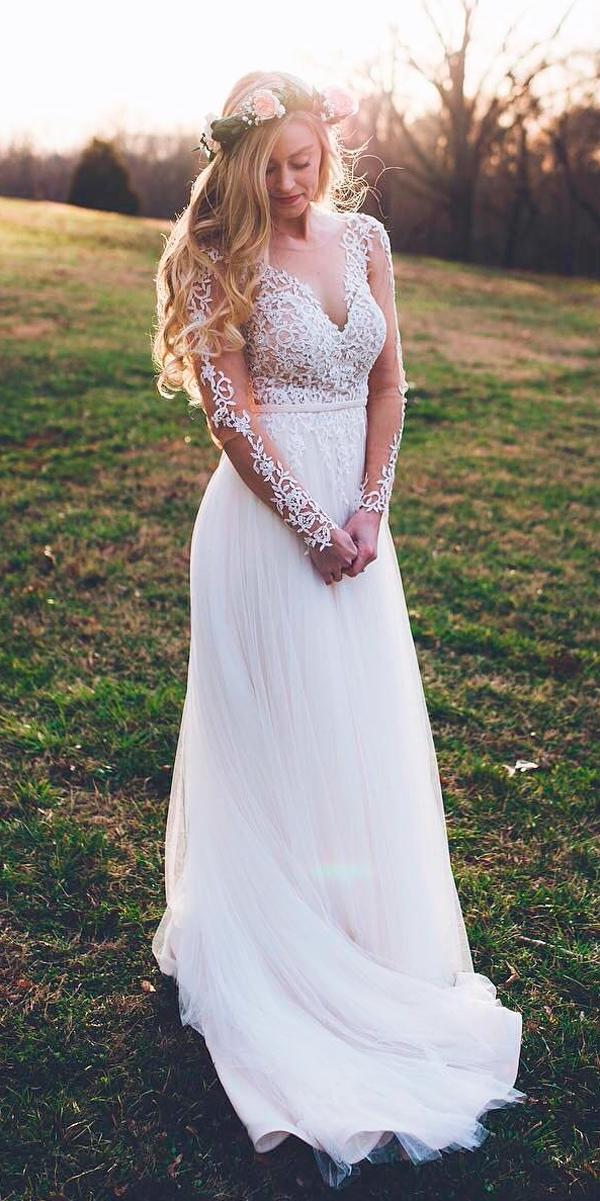 Rustic Long Sleeves Lace Stella York Western Wedding Dresses