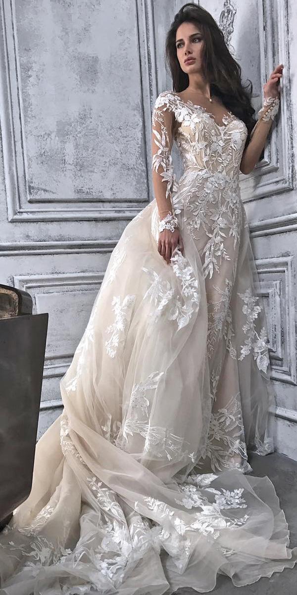 demetrios wedding dresses with long illusion sleeves lace with overskirt 2018
