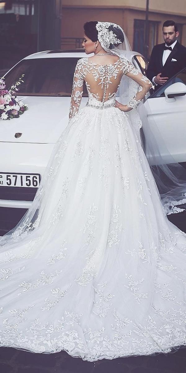 illusion long sleeve ball gown white elegant bridal gowns with tattoo effect back said mhamad photography