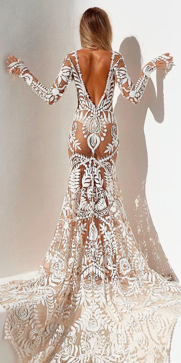 lace v shape back long sleeved backless wedding dresses pixie bella