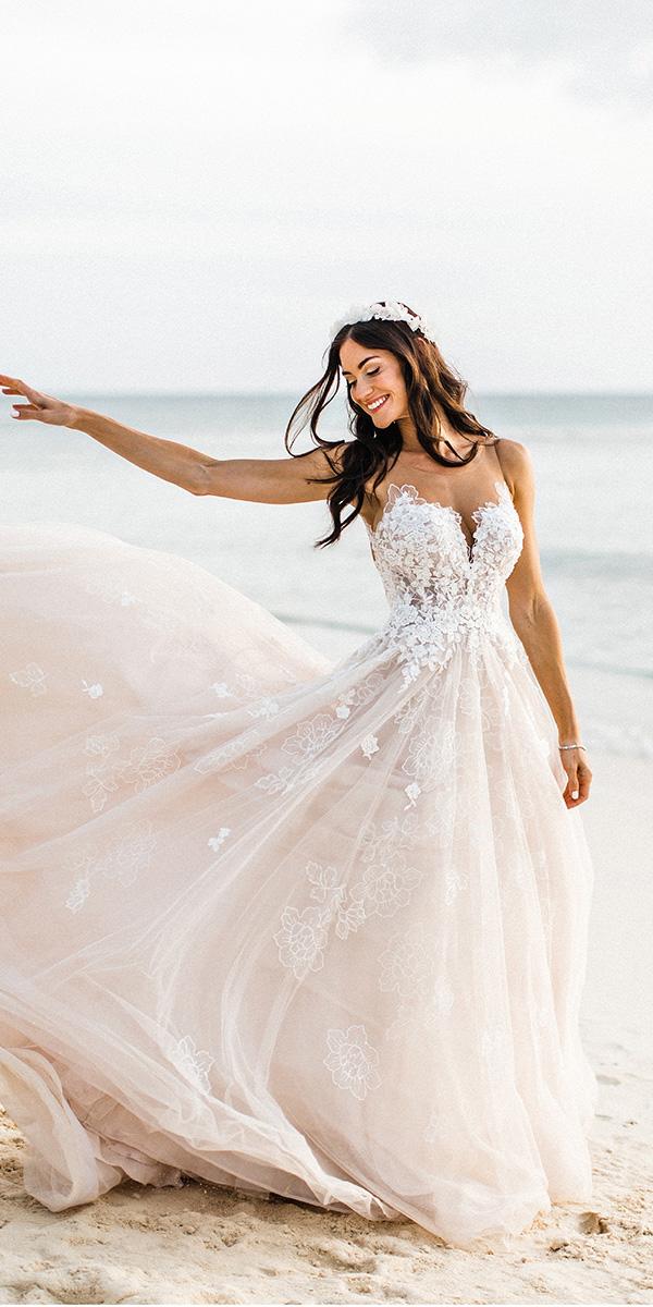 lace beach wedding dresses a line illusion neckline blush love flora fauna