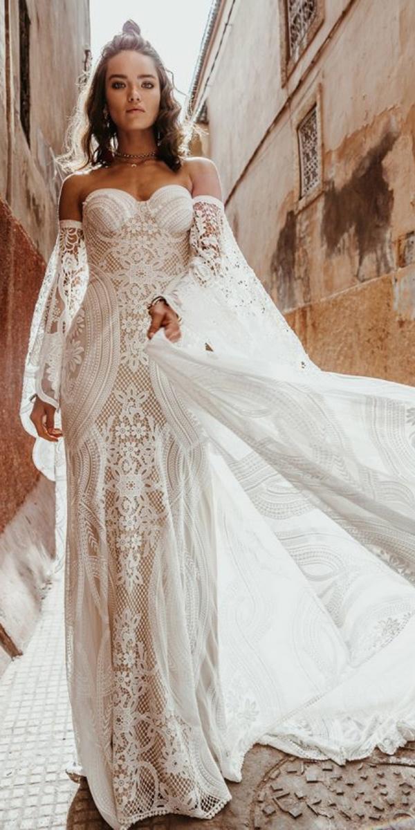lace beach wedding dresses sheath sweetheart strapless detached sleeves rue de sheine