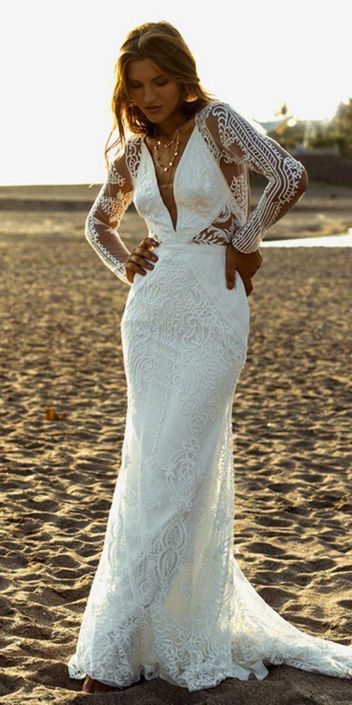 lace beach wedding dresses sheath with illusion long sleeves lovers society