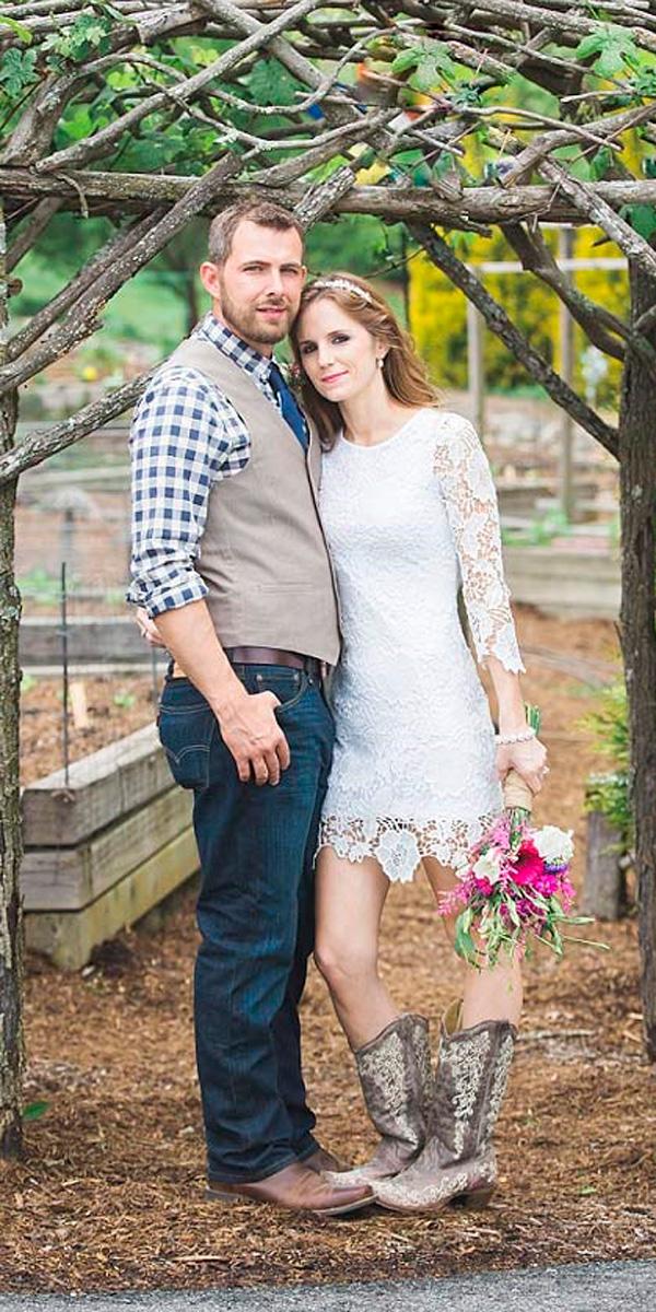 rustic short long lace sleeves with boots wedding dresses