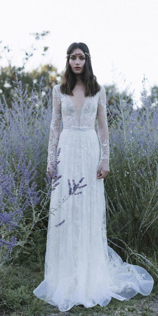 rustic wedding dresses with long sleeves deep v neckline lace lihi hod