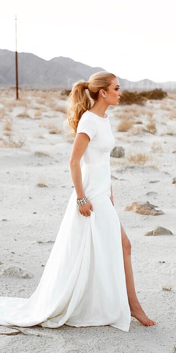 simple a line high slit with short sleeves rustic wedding dresses sarah seven