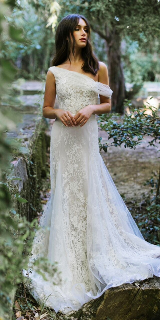 romantic bidal gowns sheath one shoulder lace boho lihi hod