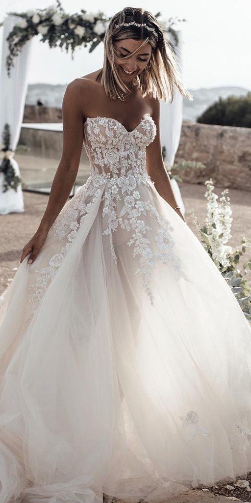 romantic bridal gown a line sweetheart strapless floral appliques galia lahav