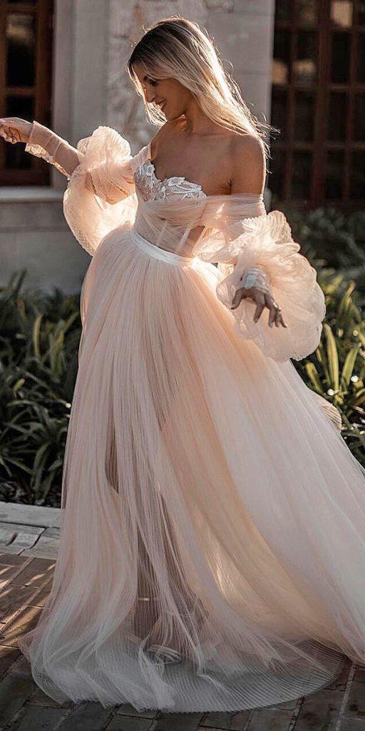  romantic bridal gowns ball gown off the shoulder sleeves simple blush tali photography