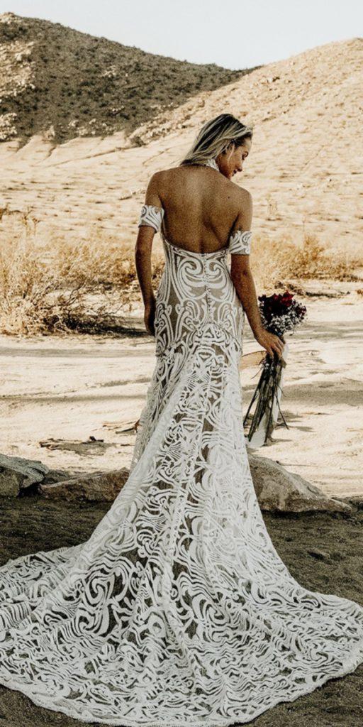 romantic bridal gowns boho sheath off the shoulder backless saldana vintage