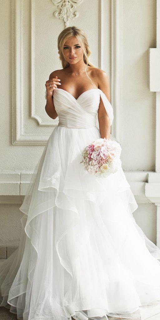 romantic bridal gowns simple ball gown off the shoulder sweetheart ruffled skirt flamingo spb