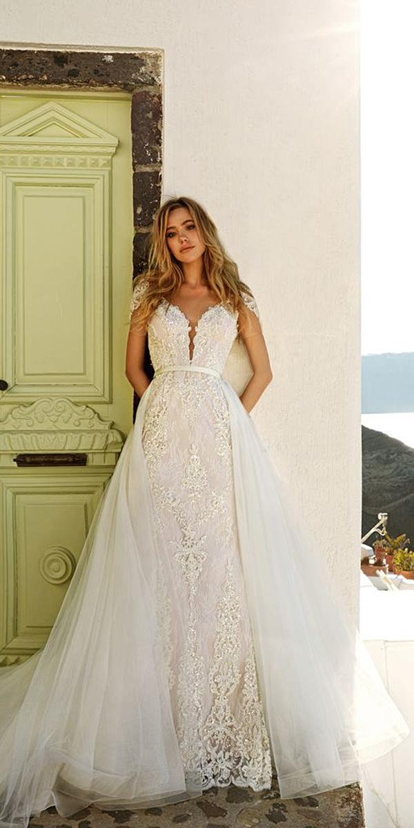 eva lendel wedding dresses sheath v neckline lace gowns with overskirt