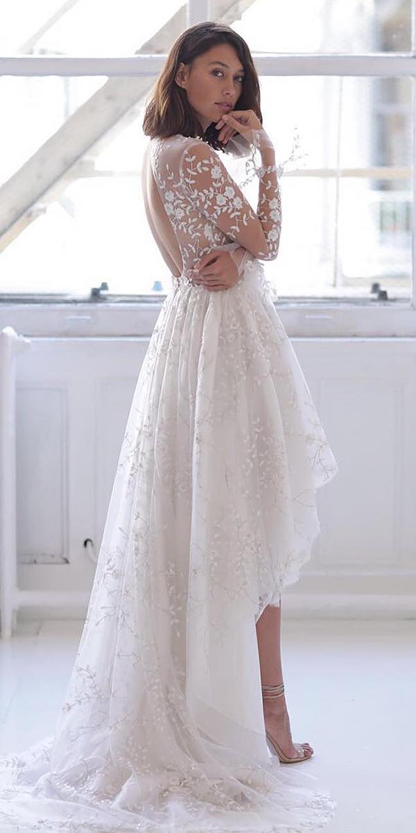 hi low open back with illusion long sleeves rime arodaky wedding gown styles