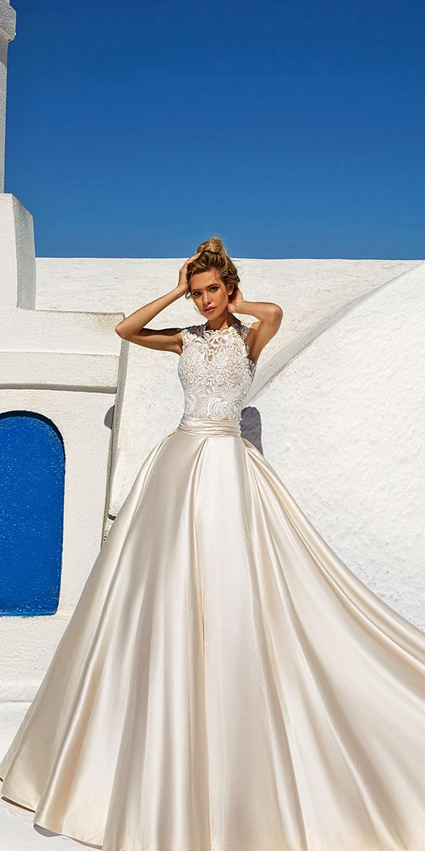 princess style eva lendel wedding dresses 2017 with lace embellished high neck and bodice satin skirt