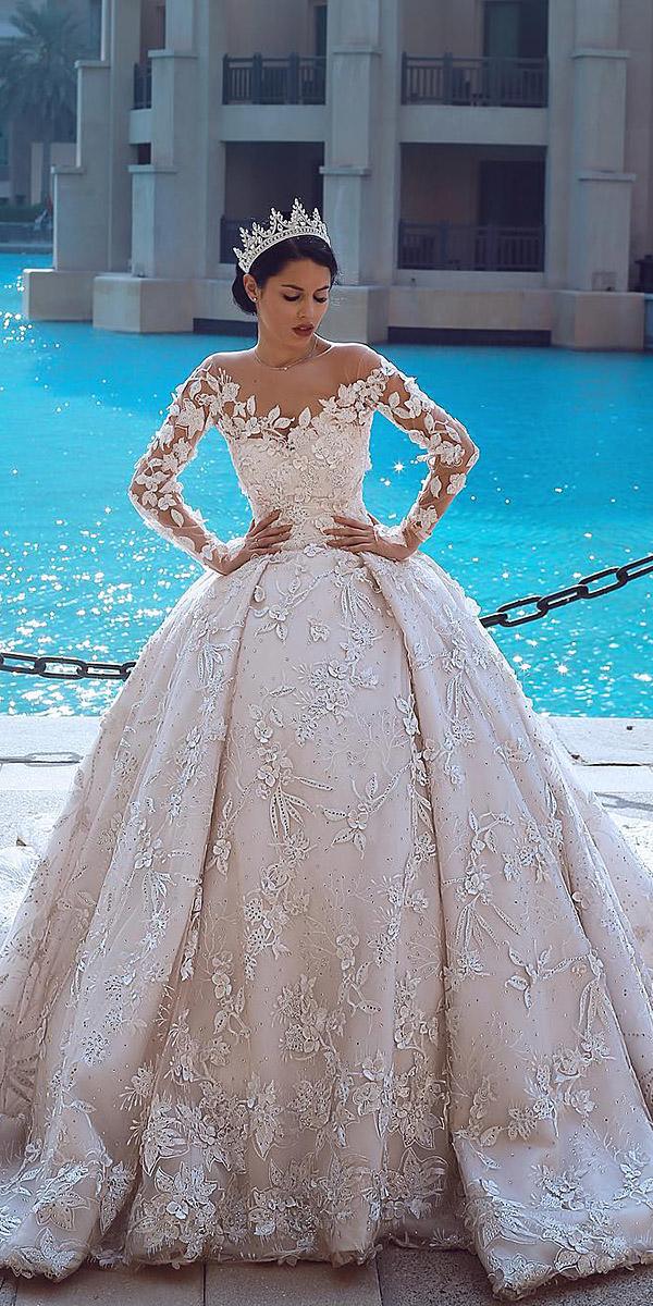 wedding gown styles ball gown with long sleeves illusion neckline floral appliques merita