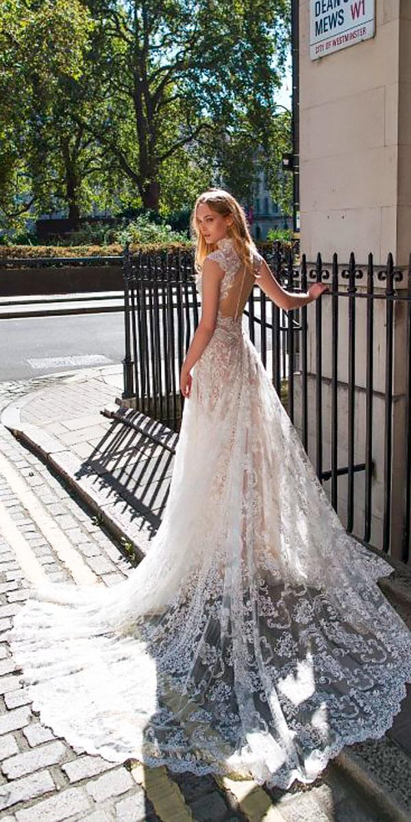 a line lace open back high neck elegant wedding dresses with train riki dalal