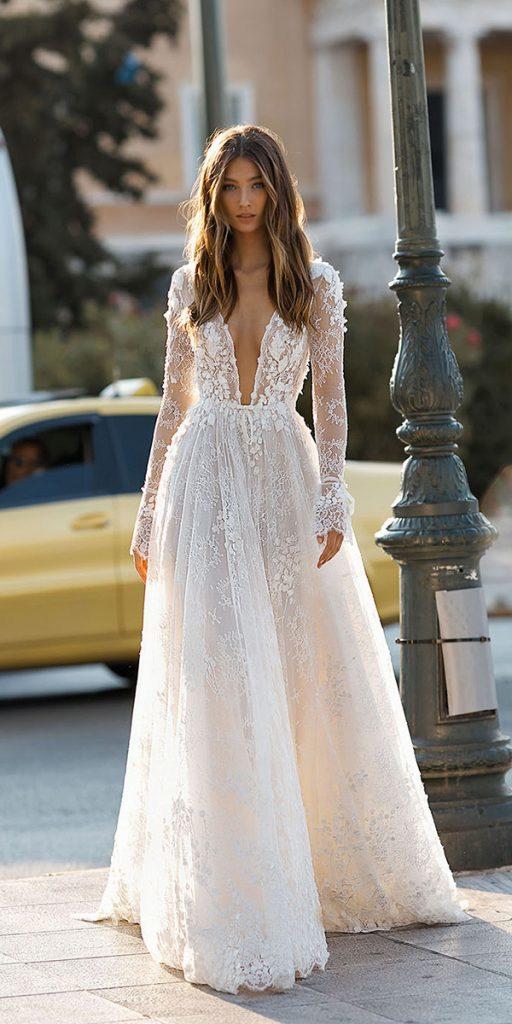 berta bridal wedding dresses a line deep v neckline with long sleeves lace floral