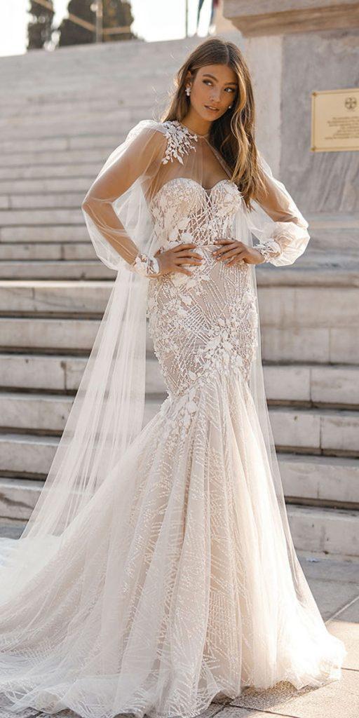berta bridal wedding dresses fit and flare sweetheart neckline lace with cape illusion sleeves