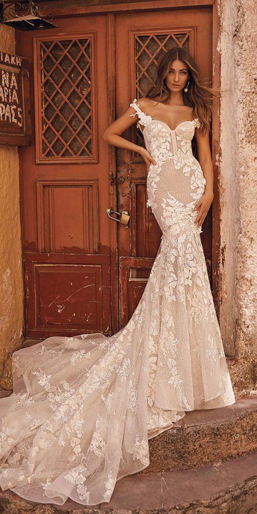 berta bridal wedding dresses fit and flare sweetheart off the shoulder 3d floral train