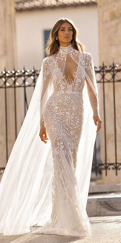  berta bridal wedding dresses sheath with long illusion sleeves cape high neck floral appliques