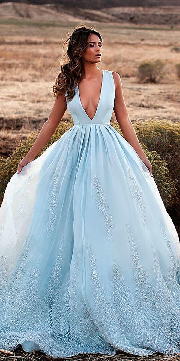 blue ball gown deep v neckline colored wedding dresses lurelly