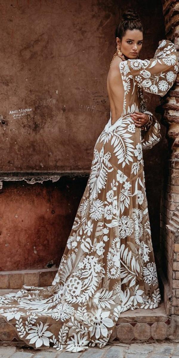 bohemian wedding dresses a line with sleeves open back nude rue de sheine