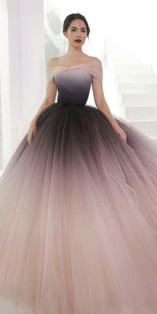 colored wedding dresses ball gown off the shoulder ombre dark purple poem