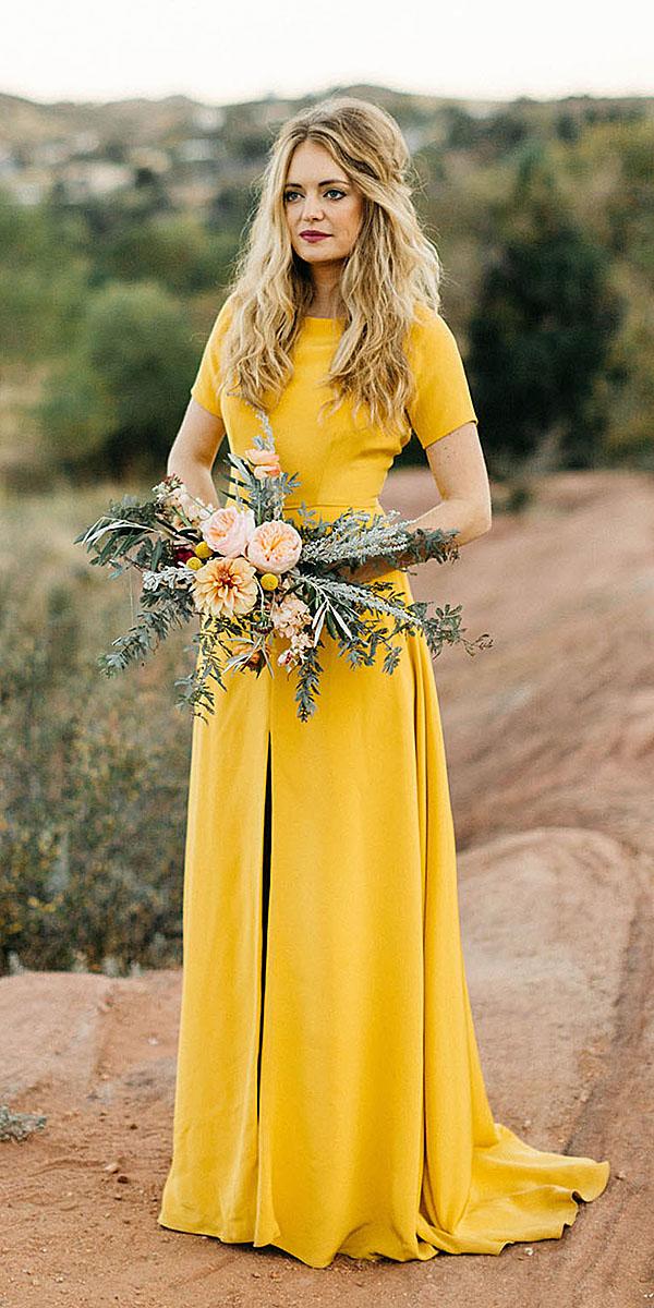  colored wedding dresses sheath with sleeves simple yellow levi tijerina