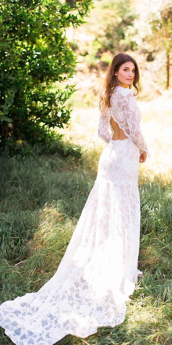 elegant vintage wedding dresses lace sheath open back with long sleeve claire pettibone