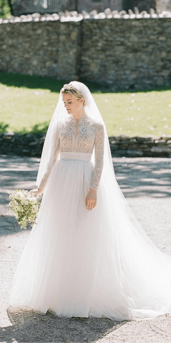 elegant wedding dresses bride in modest lace gown