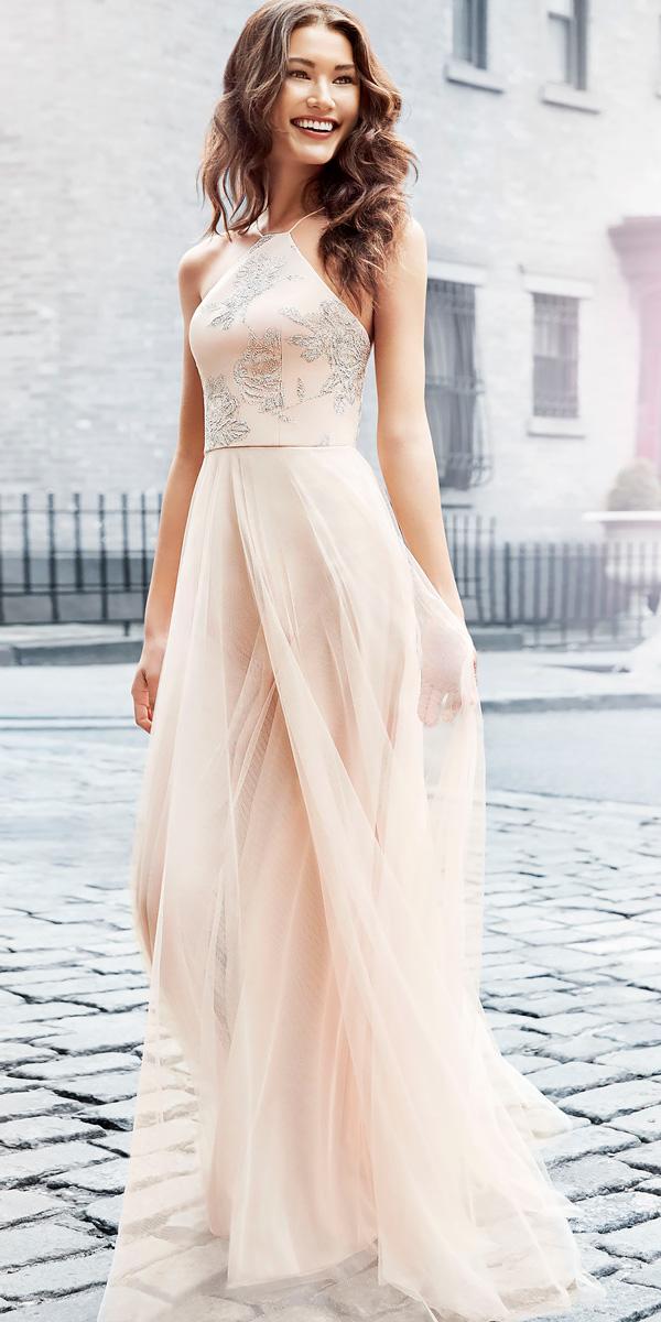 halter pink with gathered skirt long bridesmaid dresses hayley paige