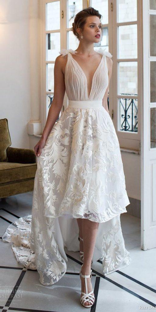 high low wedding dresses deep v neckline floral embellishment for beach riki dalal