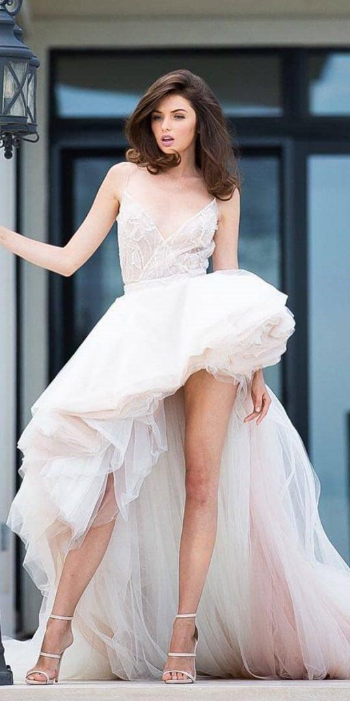 high low wedding dresses simple with spaghetti straps long train danymizrachi