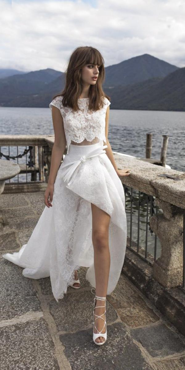 high low wedding dresses with cap sleeeves lace top detached skirt pinella passaro