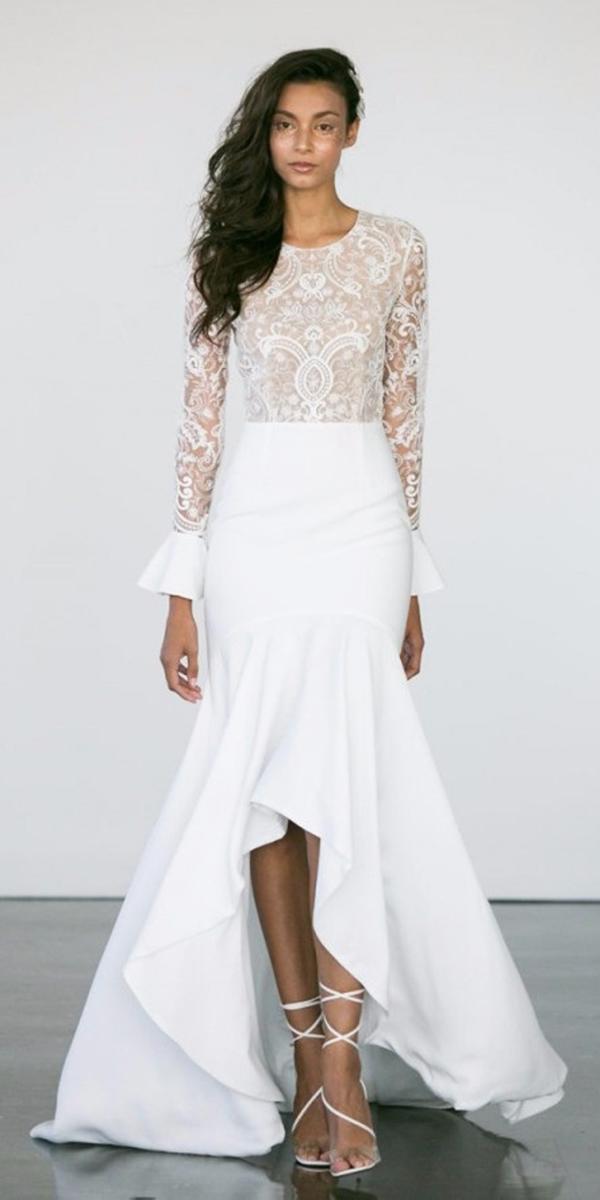 high low wedding dresses with long-sleeves lace embellishment rime arodaky