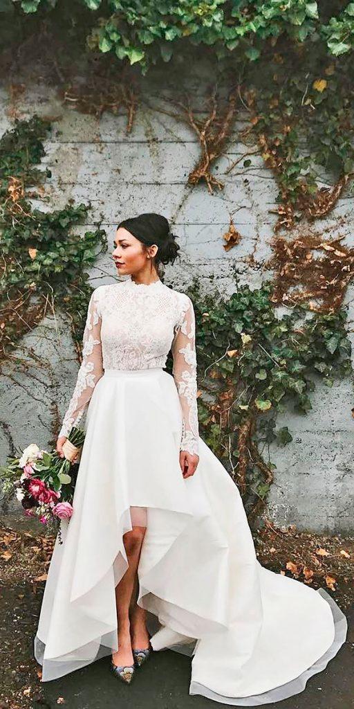 high neck long sleeved lace bodice high low wedding dresses martina liana
