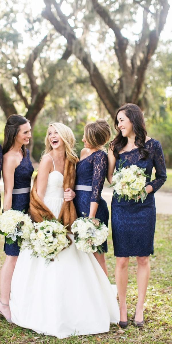 knee lenght lace navy bridesmaid dresses with assimetric sleeves