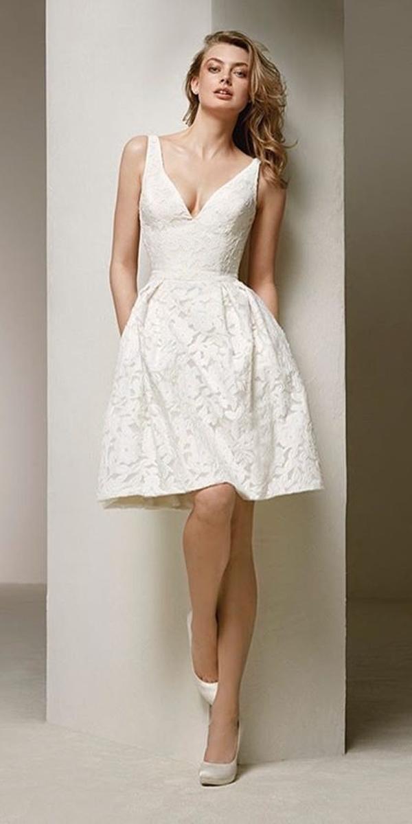 knee length wedding dresses lace v neckline with straps sleeveless pronovias